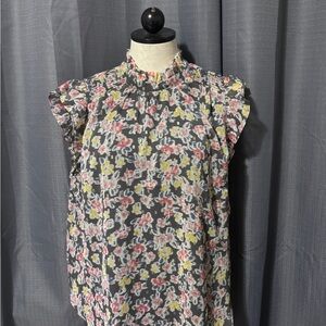 Loft Ann Taylor Floral Ruffle Sleeve Blouse - Gray, Pink